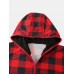 Mens Classical Plaid Print Front Pocket Long Sleeve Zipper Hooded Jumpsuit Home One  Piece Pajamas