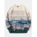 Men 100  Cotton Landscape Drop Shoulder Pullover Knitted Sweaters